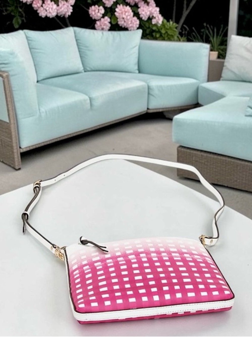 New! COACH Pink Ruby Ombre Gingham Saffiano Leather Swingpack Crossbody (NWT) - Picture 5 of 9